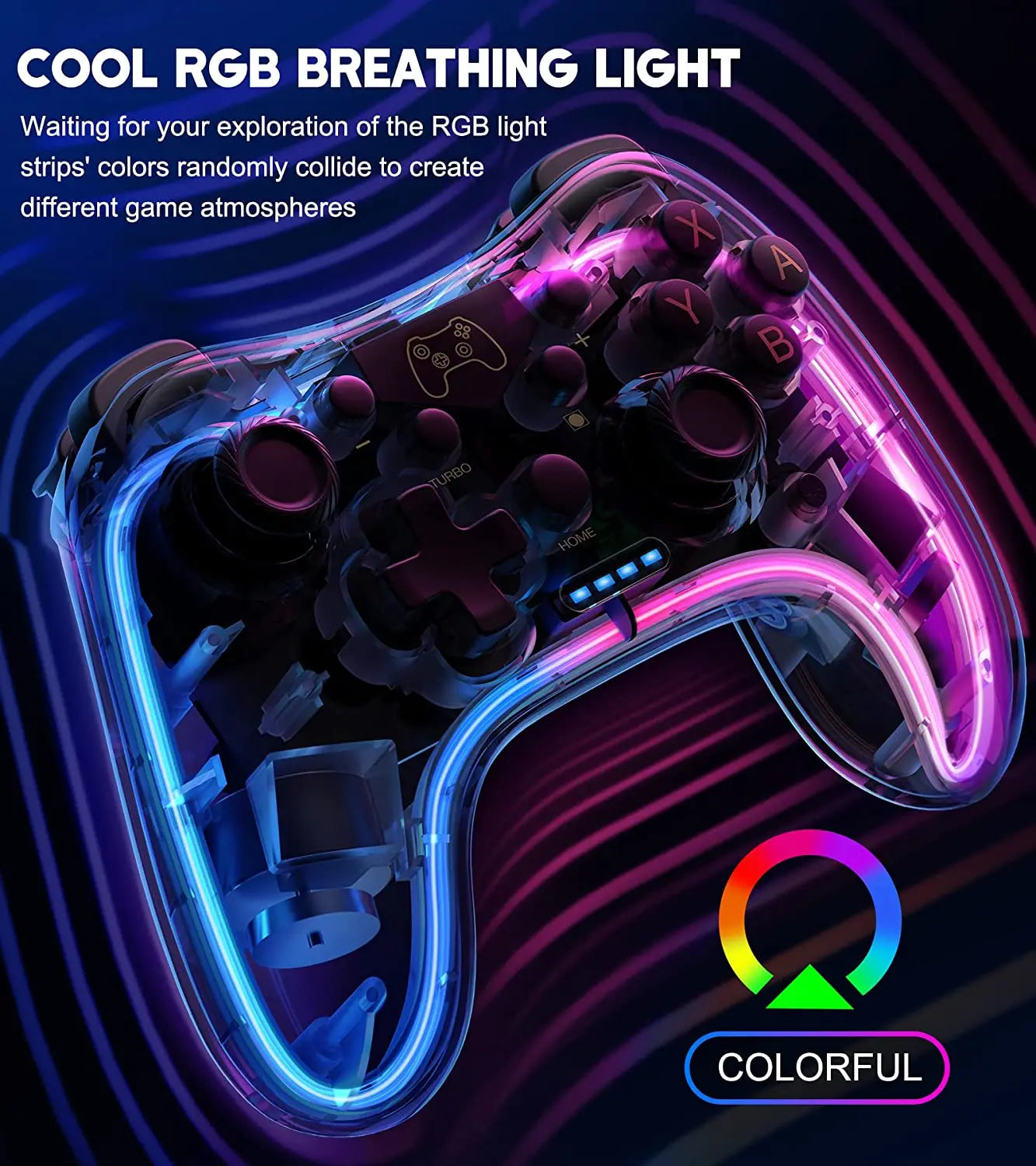 Controller With RGB Breathing LED, Switch Controllers Remote Supports Multi-Platform&App with Turbo, Wake-up Function