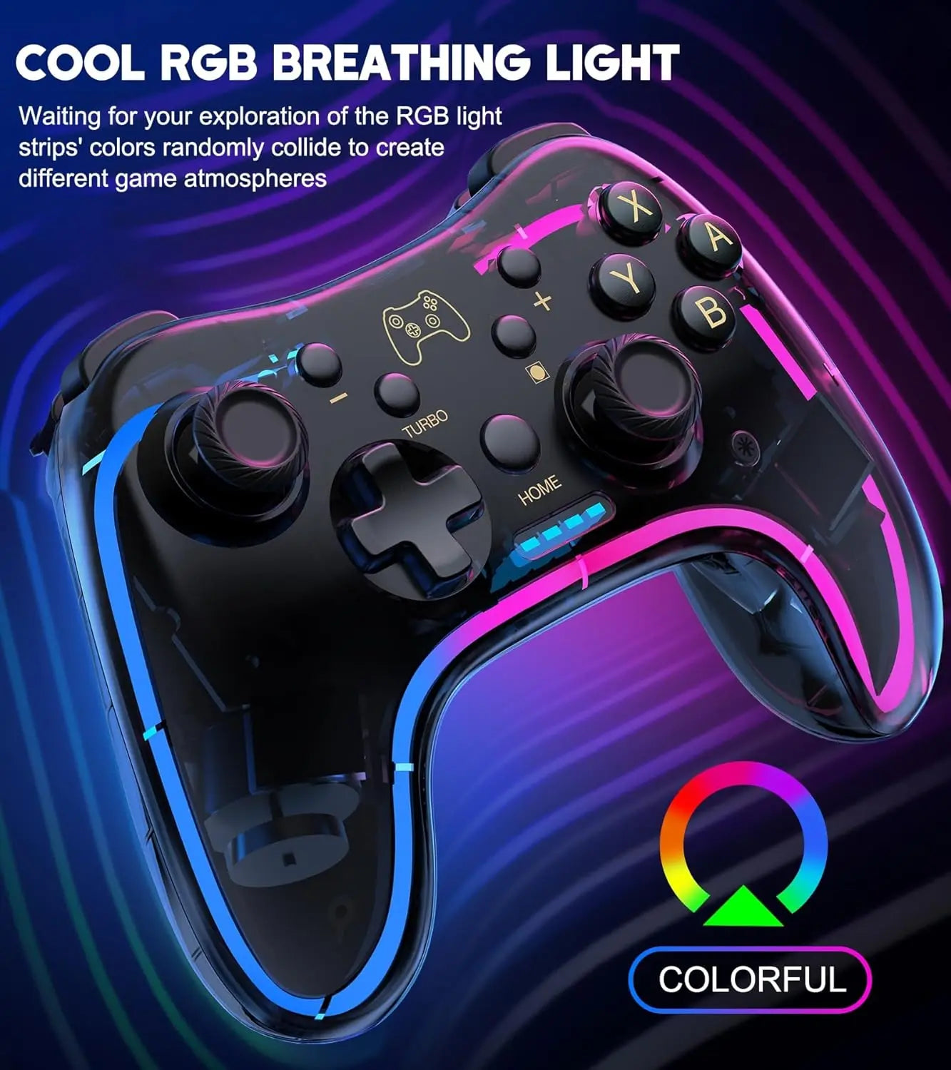 Controller With RGB Breathing LED, Switch Controllers Remote Supports Multi-Platform&App with Turbo, Wake-up Function