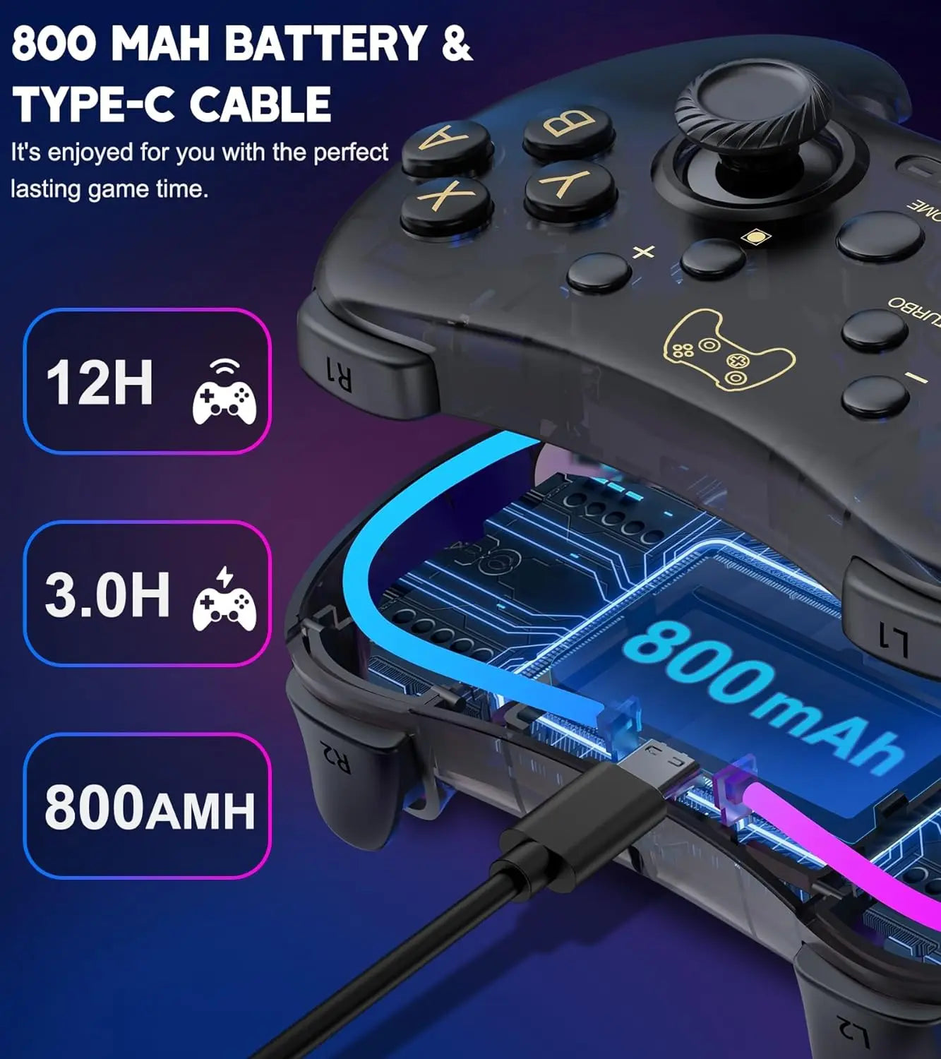 Controller With RGB Breathing LED, Switch Controllers Remote Supports Multi-Platform&App with Turbo, Wake-up Function