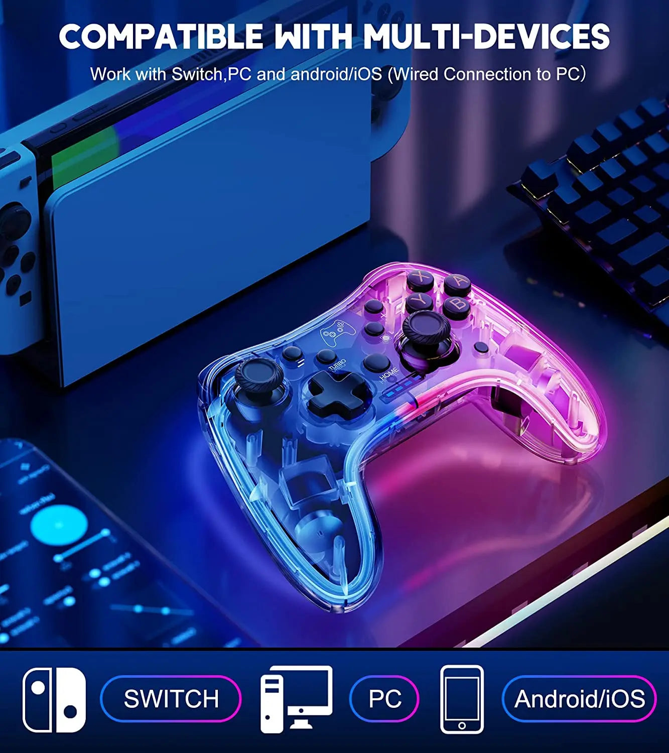 Controller With RGB Breathing LED, Switch Controllers Remote Supports Multi-Platform&App with Turbo, Wake-up Function