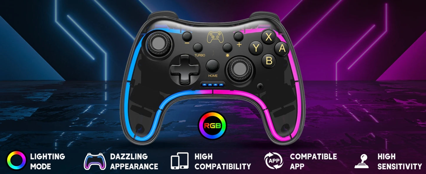 Controller With RGB Breathing LED, Switch Controllers Remote Supports Multi-Platform&App with Turbo, Wake-up Function